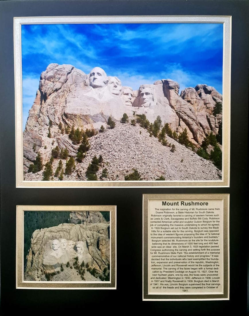 Mount Rushmore, Matted Photo Collage: Description Subject: Mount Rushmore Matted Photo Collage Type: Photo Reproduction Print Matte Size: 14" x 11" Country of Origin: USA Condition: Excellent