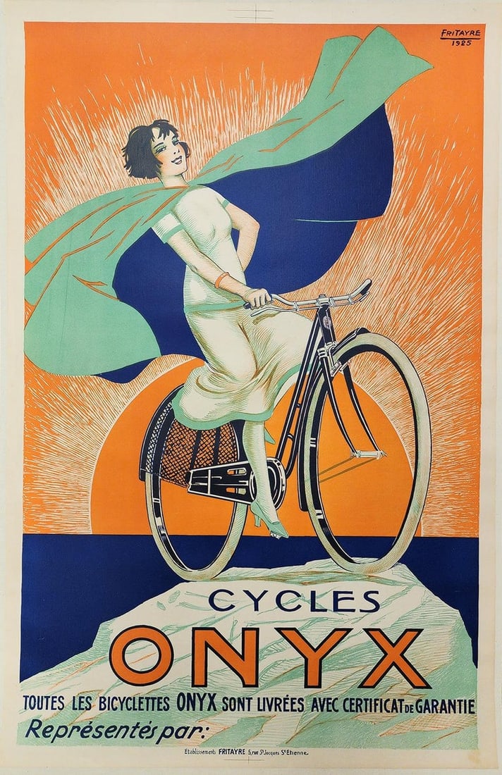 Cycles Onyx by Fritayre Original 1925 Vintage French Bicycle Company Stone Litho 1925: Cycles Onyx by Fritayre Original 1925 Vintage French Bicycle Company Stone Lithograph Poster Linen Backed. Woman in a blue and green cape on a bicycle on a mountain top with sunset behind her. Artist: