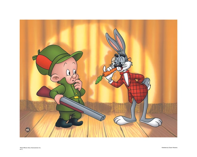 Warner Bros, Looney Tunes, Bugs Bunny & Elmer Fudd, "Groucho Bugs": Title: Groucho Bugs Subject: Looney Tunes Publisher: Classic Moments Type: Animation Giclee Paper: MT600 Year Produced: Circa 2000-2010 Size: 16" x 20" Condition: Excellent Licensed by Warner Bros. Ce