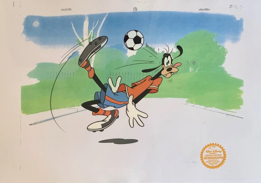 Disney, 'Goofy Plays Soccer', Limited Edition Animation Cel: Limited edition serigraph cel of Goofy playing Soccer. Disney’s own artists have selected this scene from the original animation drawings used to produce this classic Disney film. Known as a "cel", 