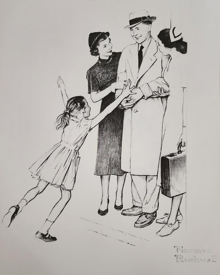 Norman Rockwell, Leaving The Hospital - C.1954: Norman Rockwell "Leaving the Hospital - c.1954" from the "American Family Life" portfolio, Sketch Drawing 1950s for Massachusetts Mutual Company Media: offset lithograph on heavy cardstock paper Licen