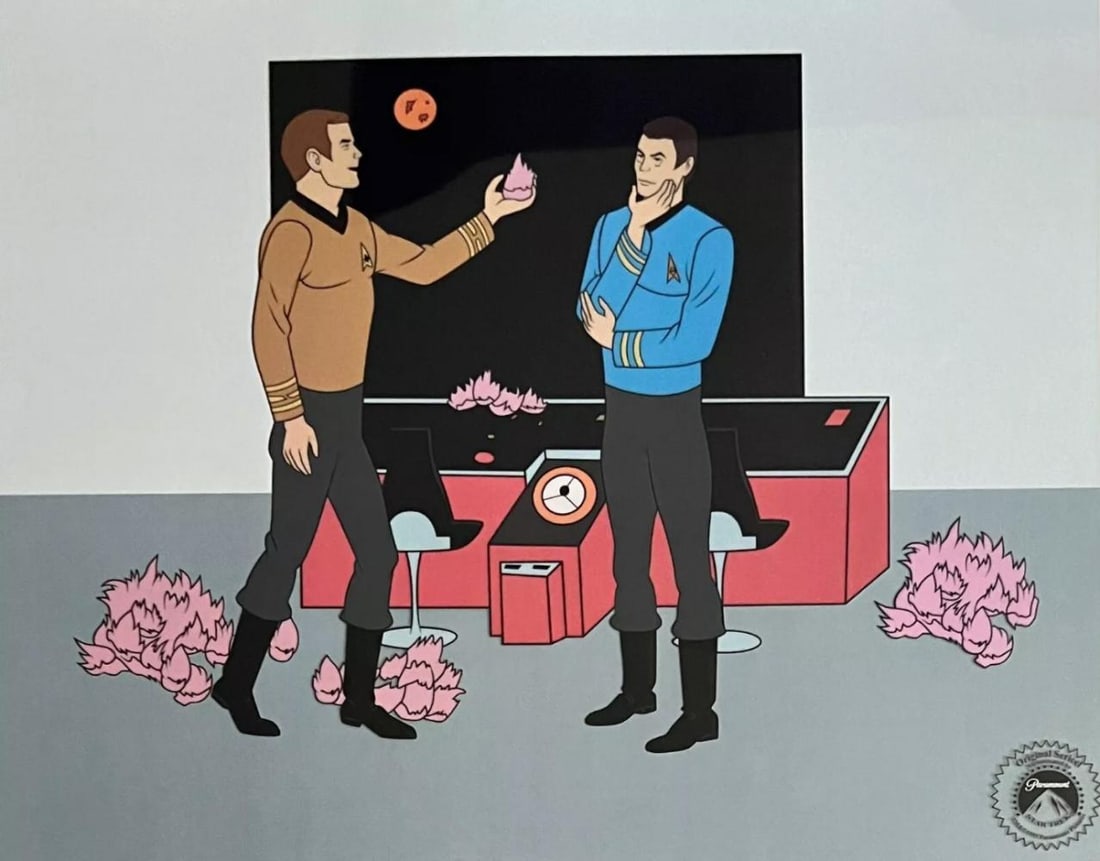 Paramount, Star Trek Original Cartoon Captain Kirk & Dr. Bones, Limited Edition Sericel: Sericel from the animated series "Star Trek" which debuted in 1972. This sericel is titled "The Trouble with Tribbles" and features Captain Kirk and Mr Spock as they appeared in the original animation