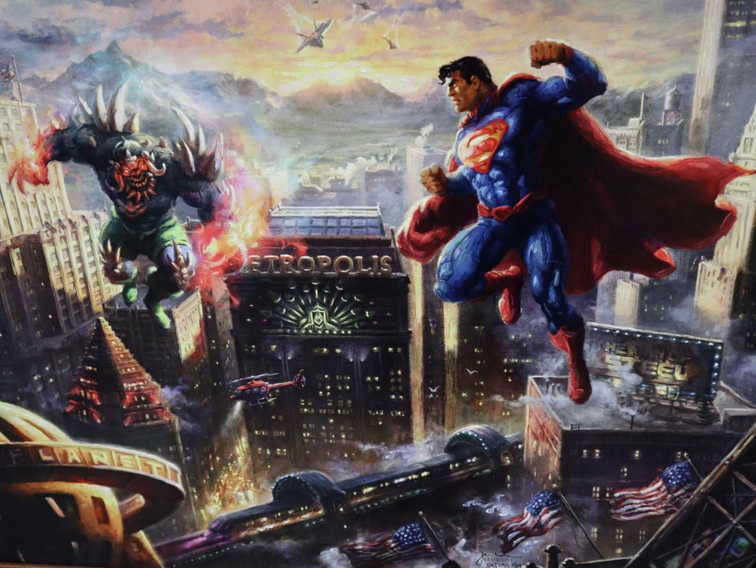 Thomas Kinkade Studios, 'Superman Original Drawings on Verso Man Of Steel', S/N: Thomas Kinkade Zac & Pat Kinkade have hand-enhanced this limited edition canvas Canvas size: 18x27 inches. Framed: 27x35 inches Hand Highlighted Limited Edition on Stretched Canvas, with very rare ori
