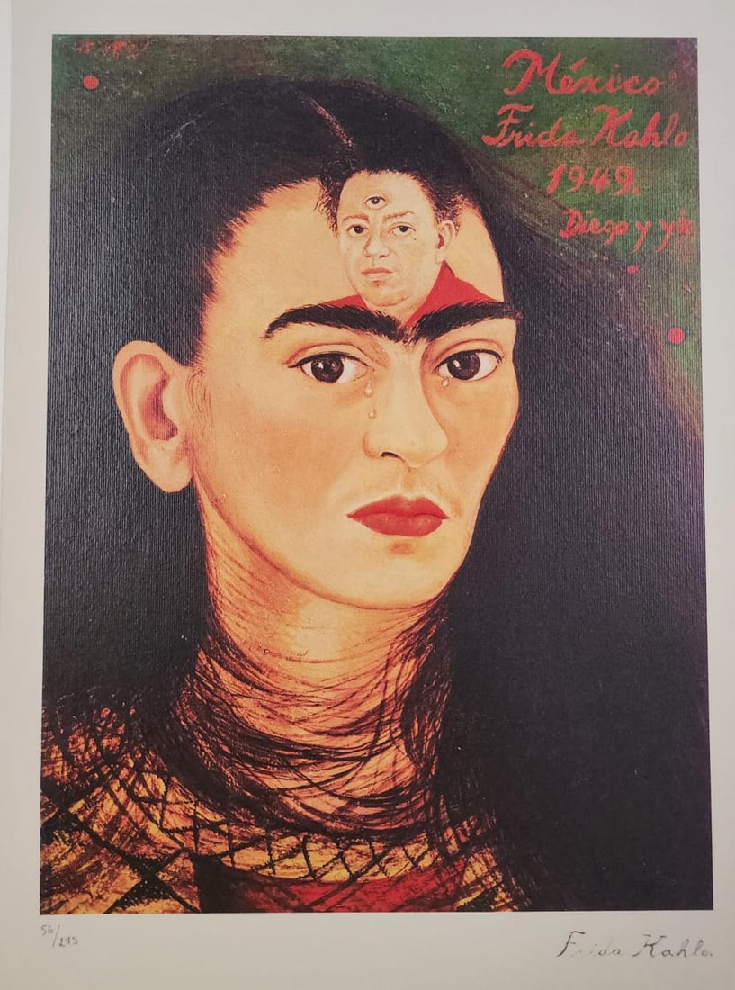 Frida Kahlo 'Diego Und Ich' 1986, Limited Edition Lithograph: Frida Kahlo "Diego und ich" The lithograph was printed in 1986 by the Birkhauser , Basel in 275 copies. Signed Frida Kahlo on the plate. The work measures 16x11.75 Inches. Condition: In Excellent cond
