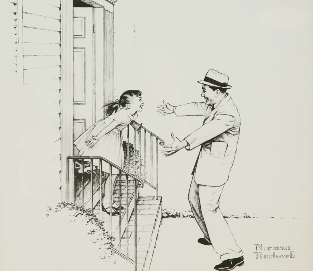 Norman Rockwell, 'Father Welcomes Daughter', Lithograph, 1950: Norman Rockwell "Father Welcomes Daughter" from the "American Family Life" portfolio, Sketch Drawing 1950s for Massachusetts Mutual Company Media: offset lithograph on heavy cardstock paper Licensed p