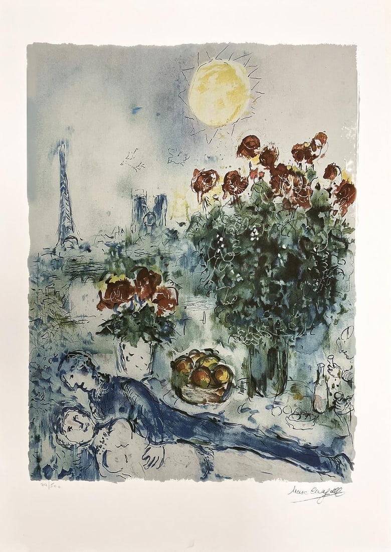 Marc Chagall (After), Notre Dame Et La Eiffel, Lithograph: Item Details Description MARC CHAGALL (After) NOTRE DAME ET LA EIFFEL Lithograph Facsimile Signed, Lower Right Pencil numbered from the edition of 500 lower left, please note the edition number will b