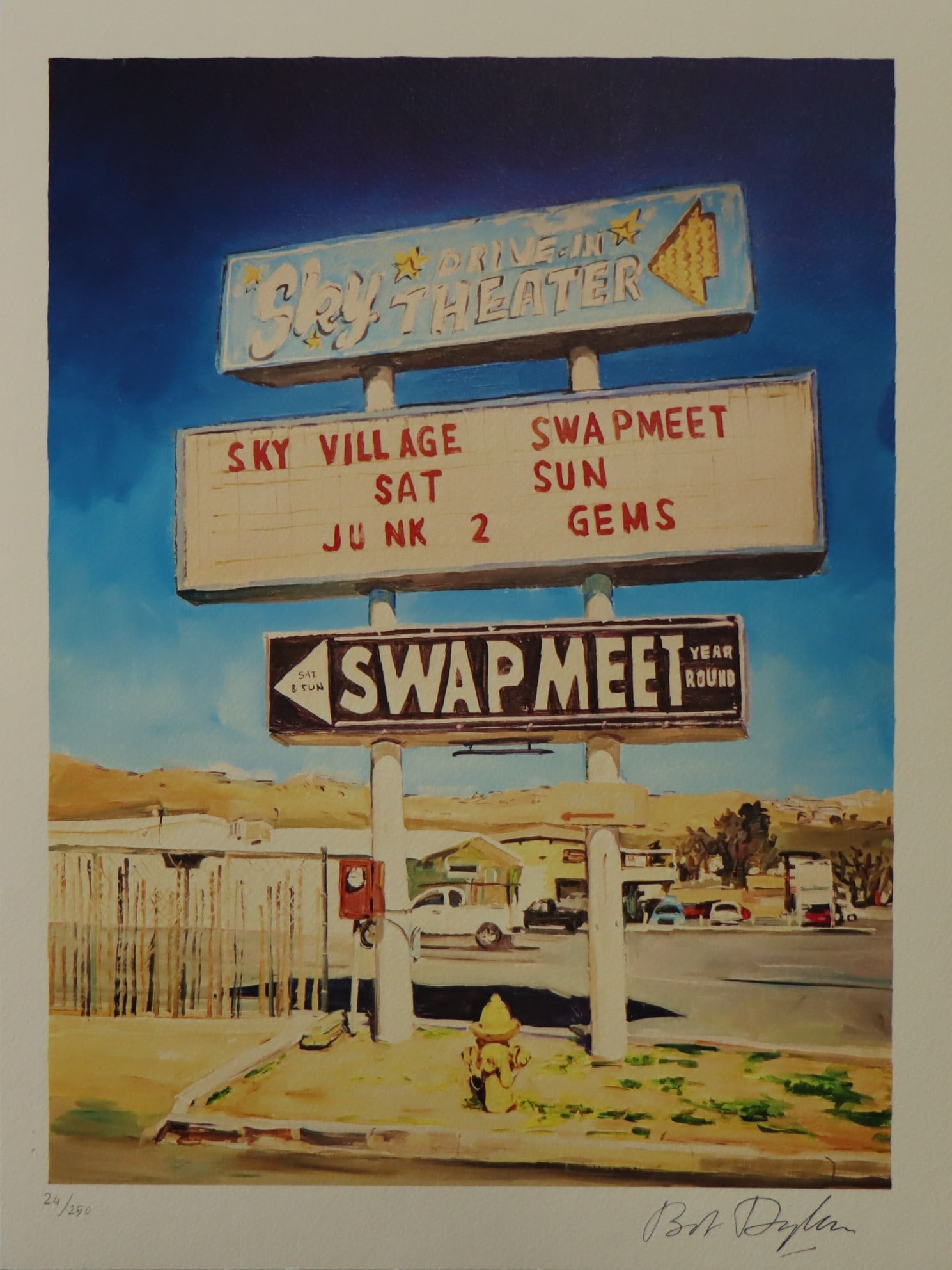 Bob Dylan, Abandoned Drive-In, Yucca Valley, Limited Run Facsimile Lithograph: BOB DYLAN 'Abandoned drive-in, Yucca Valley' 'Retrospectrum', traveling exhibition, Tulsa, Shanghai, Miami, Rome Lithograph on paper 30 x 40 cm. Edition of 250, Numbered in pencil Bob Dylan's signatur