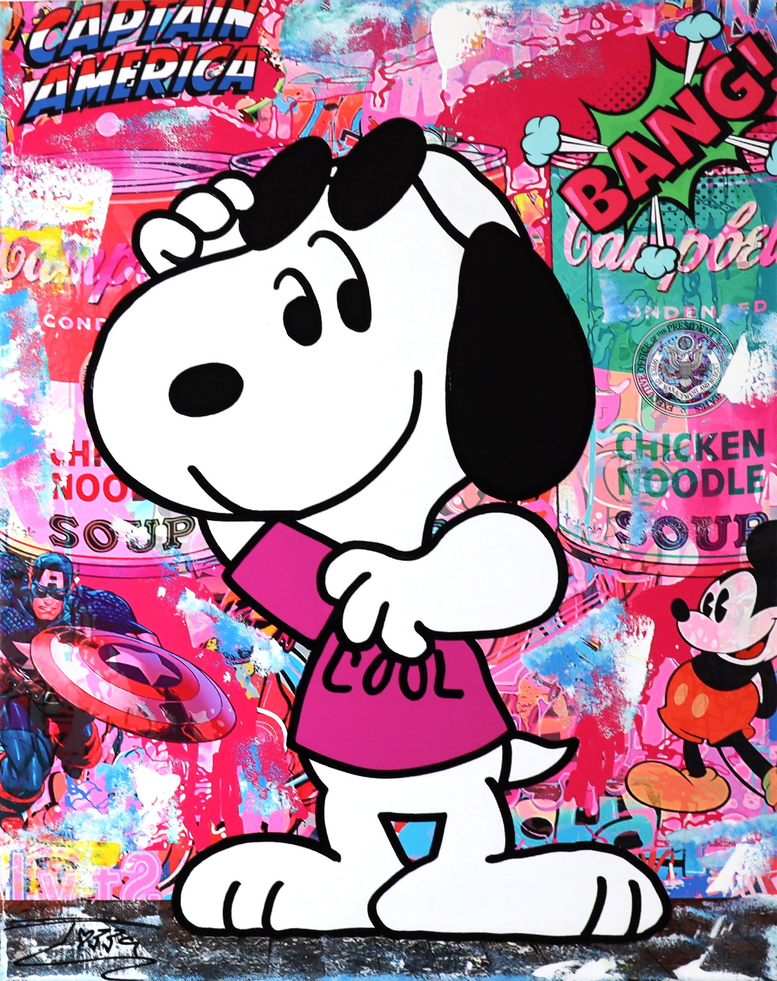 Jozza, 'Cool Joe', Original Pop Art Canvas Painting, 2025, 30"x24": Artist: Jozza Pop Art Title: "Hot Dog" Influences: Peanut's - Snoopy, Disney's Mickey Mouse, Andy Warhol & Marvel Comics - Captain America Surface: Canvas Medium: Acrylic Paint Dimensions: 24"x30" Tec