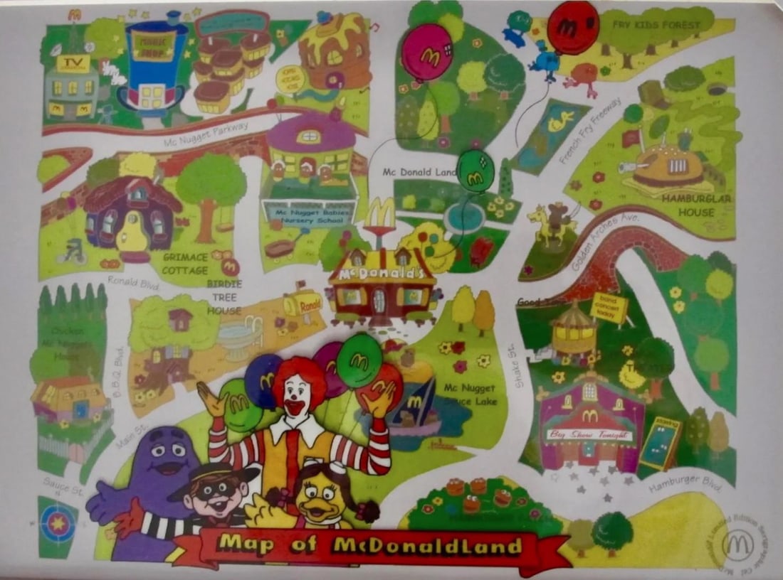 Mcdonald's, Ronald Mcdonald's Map, Limited Edition Animation Cel: Framed Limited Edition Sericel of McDonalds titled "McDonaldland". This fantastic animation features Ronald McDonald, Grimace, Hamburglar and Birdie the Early Bird. This sericel comes beautifully matt