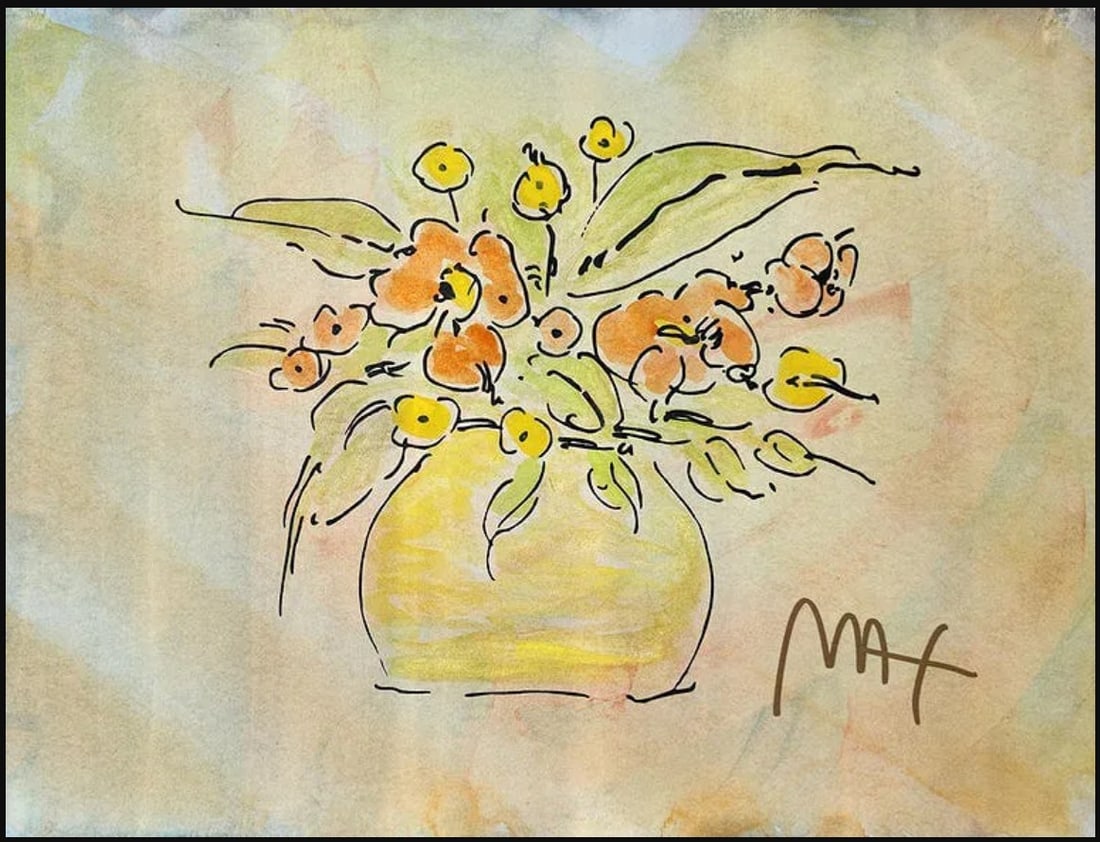 Peter Max 'Flower Vase' Circa 1990, Mixed Media on Paper: Artist: Peter Max Title: Flower Vase Medium: Mixed Media On Paper Edition: Original Size: 11"x15" inches Hand signed by the artist Frame size 22.25"x18.25" inches Condition: Excellent
