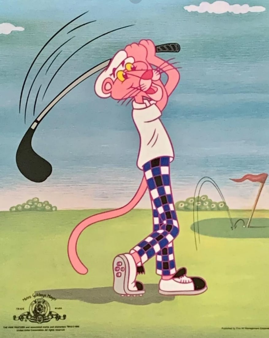 MGM, Pink Panther Playing Golf, Limited Edition Animation Cel: Limited edition Sericel titled "Pink Panther Golf". Created from an actual image used in the original animated series - with the official MGM & United Artist Corporation trade mark seals. Measures: 16