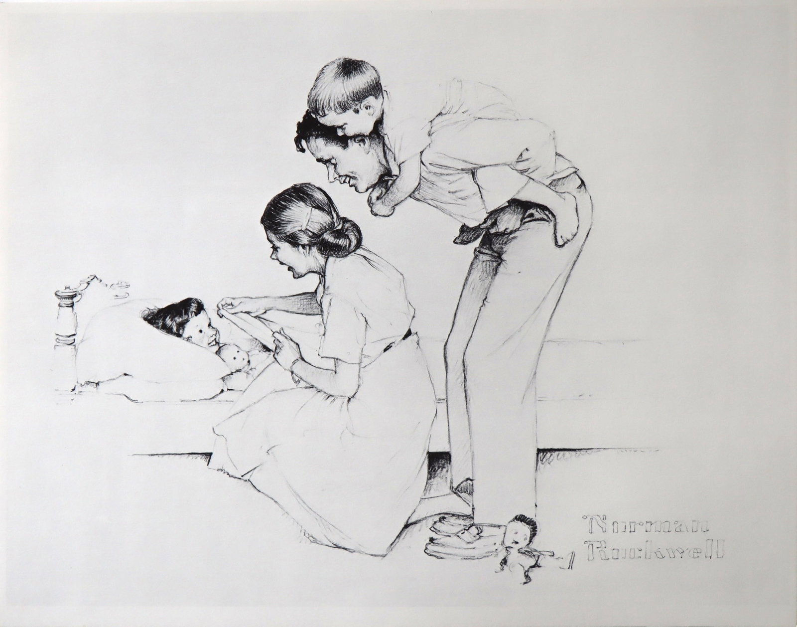Norman Rockwell, Safe & Sound, Lithograph, 1980: Artist: Norman Rockwell Portfolio: "American Family Life", based on Drawings from the 1950s for Massachusetts Mutual Company Media: offset lithograph on heavy cardstock paper Licensed print, Signed in