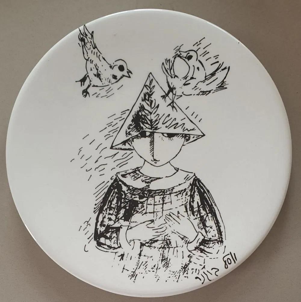 Yosl Bergner, Girl with a branch, oil on porcelain (1 of 3)