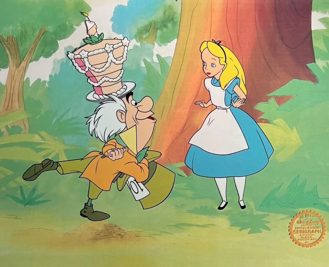 Disney, Alice In Wonderland - Mad Hatter & Alice, Limited Edition Animation Sericel: Limited edition Serigraph Cel of ALICE and the MAD HATTER from 1951 Walt Disney Studios - "ALICE IN WONDERLAND". This cel is from the scene "It's a Very Merry Un-Birthday to You". Disney?s own artists