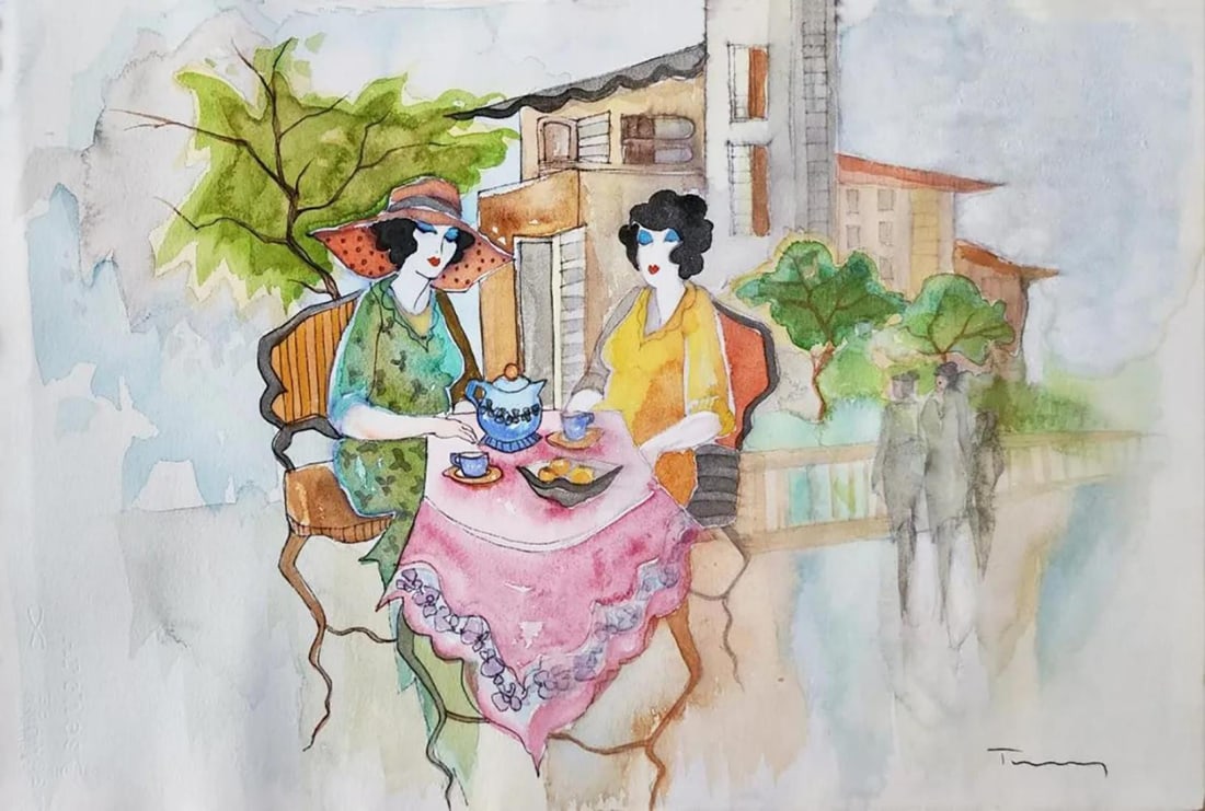 Itzchak Tarkay, 'Village Brunch', Original Watercolor On Franch Arches Paper, 22"x15": Artist: TARKAY, ITZCHAK Title: "VILLAGE BRUNCH" Size: 15 X 22 INCHES Medium: WATERCOLOR ON FRANCH ARCHES PAPER Edition: ORIGINAL Description: Hand signed by the artist The artwork is in excellent cond