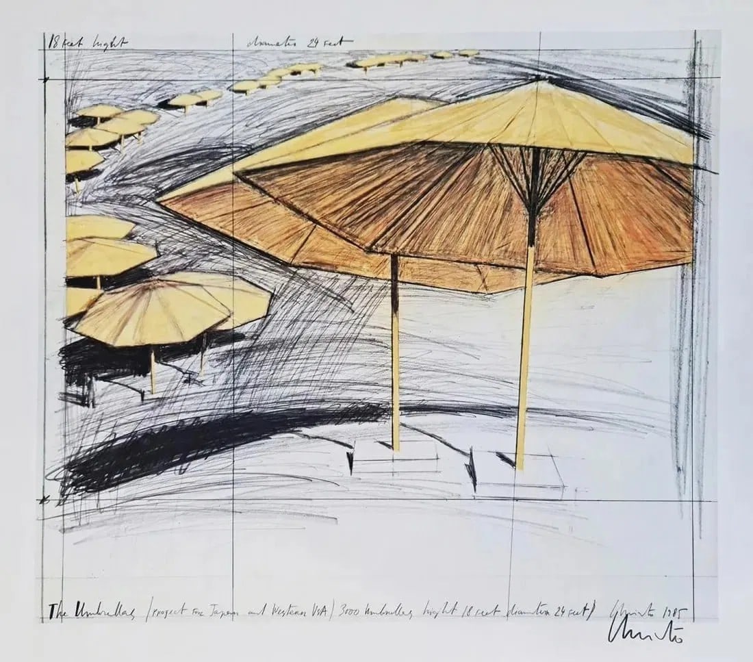 Christo, 'Umbrella Project-Japan/Usa - 1985', Hand Signed Offset Lithograph: Artist: Christo Title: Umbrella Project-Japan/USA Medium: Photo lithograph Size: 27 x 31 inches Year: 1985 Publisher: Nouvelles Image Hand signed by the artist In excellent condition Gallery COA is