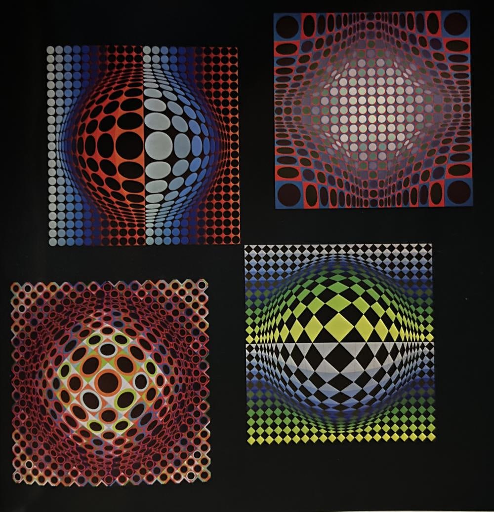 Victor Vaserely, Multiple patterns on black background: Description: Title: Multiple patterns on black background Type: Monograph on paper, framed Not Signed or numbered, as published Published by Editions Du Griffon Neuchatel in 1971, and printed in