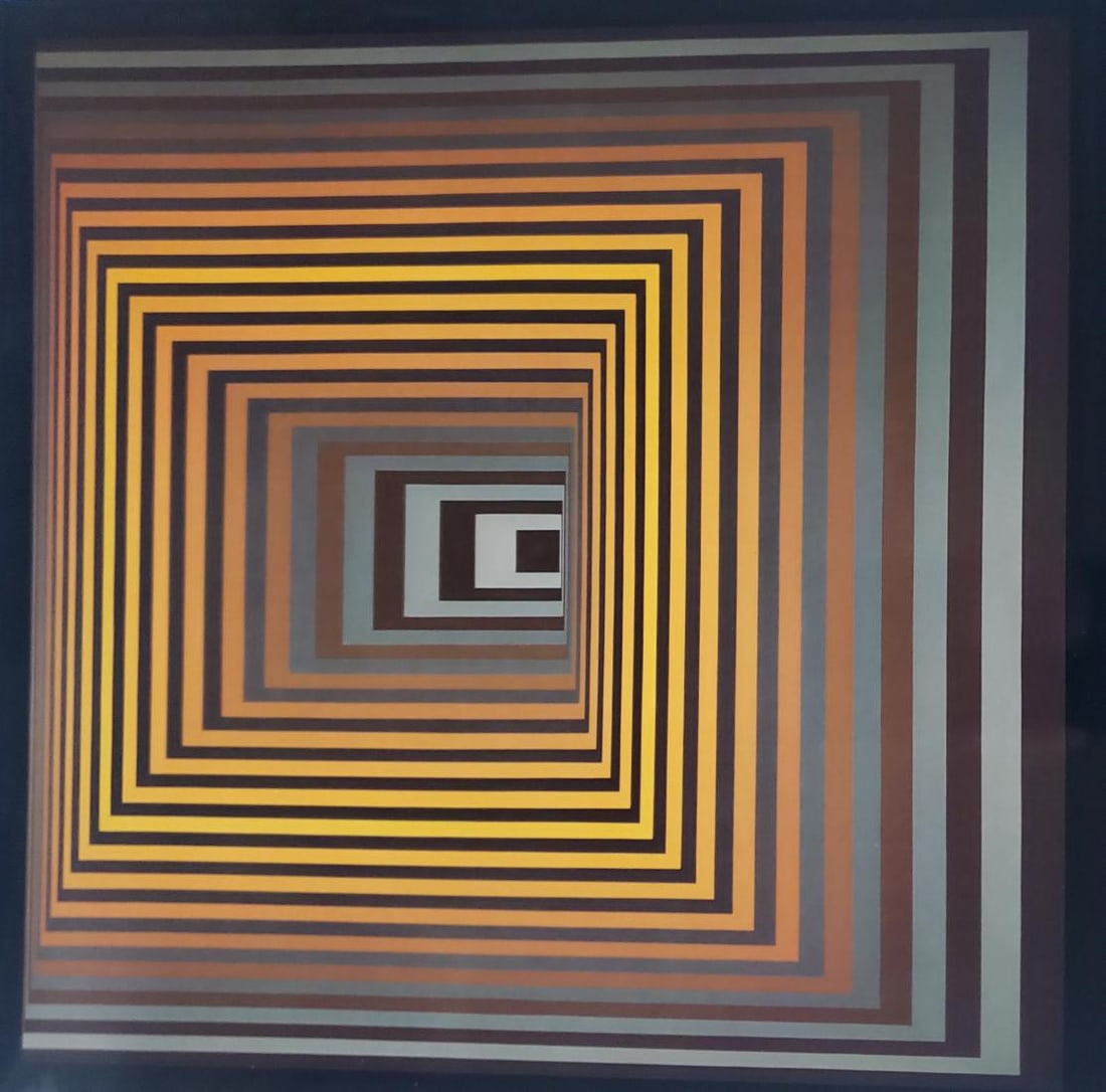 Victor Vaserely, Vonal-Fegn, 1968: Description: Title: Type: Monograph on paper Not Signed or numbered, as published Published by Editions Du Griffon Neuchatel in 1971, and printed in Switzerland. Size 10.5 x 10.5" Framed Approx: 15" x