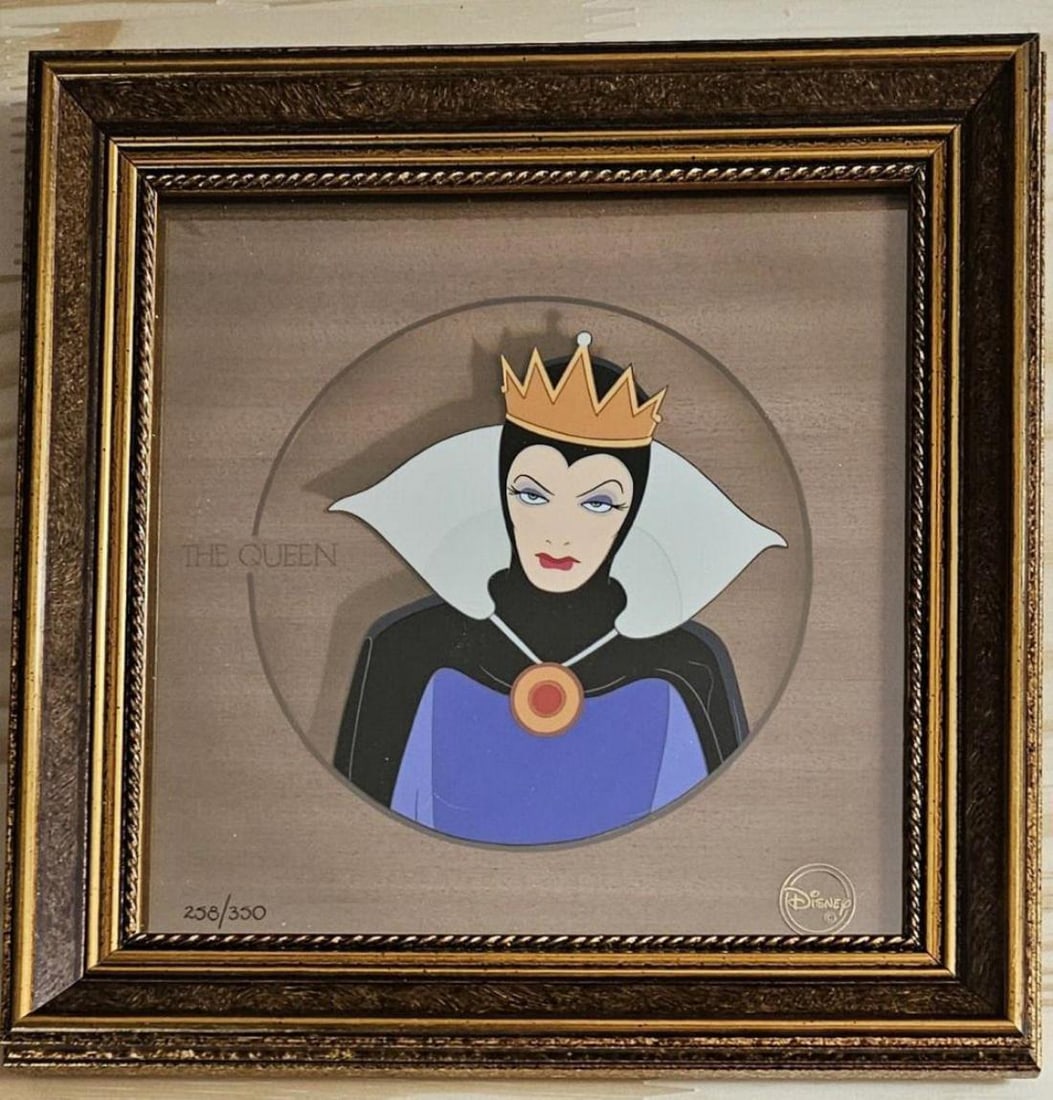 Disney, 'Snow White - The Queen', Limited Edition Courvoisier: Studio: Walt Disney Title: 'The Queen' from Snow White and the Seven Dwarfs Medium: hand-painted and hand-inked with a wood veneer background Date: 1997 Character: The Queen Edition: 350 Framed: Yes S