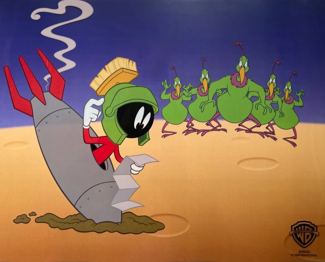 Warner Bros, 'Marvin The Martian', Limited Edition Animation Cel: Limited edition artistic recreation sericel titled "Just Add Water... This sericel features Warner Bros characters Marvin the Martian & The Instant Martian Soldiers. This Cel measures 11" x 14", comes