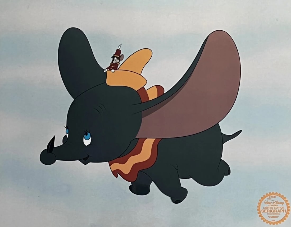 Disney, Dumbo Flying, Limited Edition Animation Cel: Genuine Limited Edition Serigraph Cel of DUMBO. From 1941 Walt Disney Studios - DUMBO. Disney?s own artists have selected this scene from the ORIGINAL animation drawings used to produce this classic
