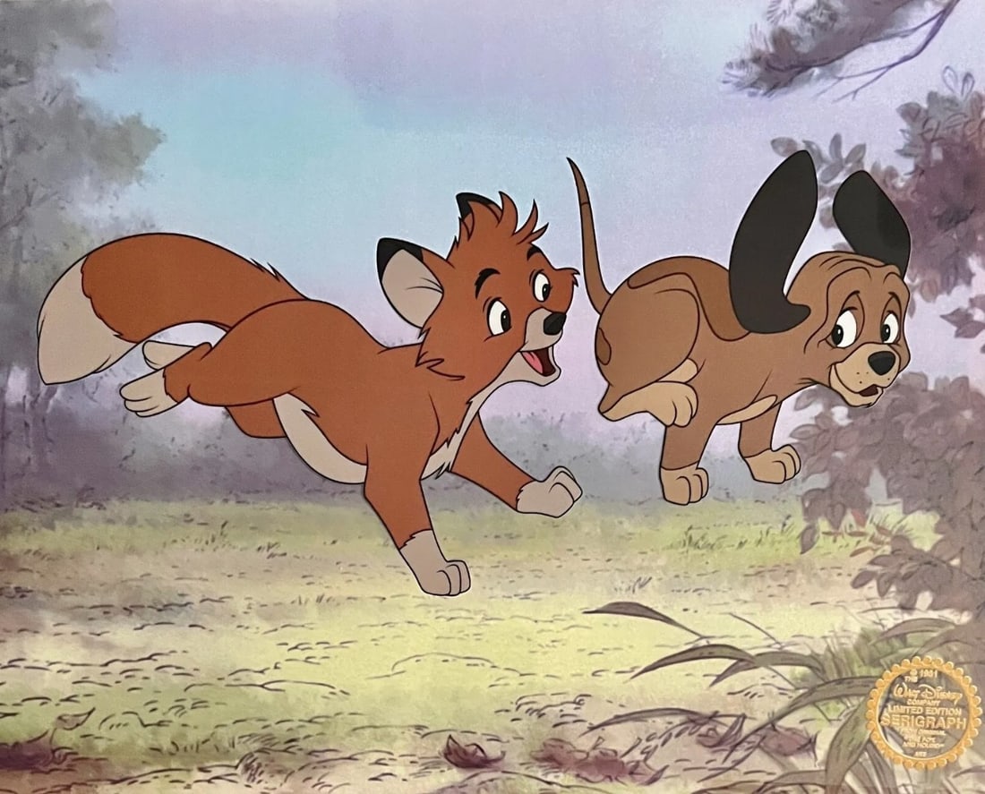 Disney, Fox And The Hound, Limited Edition Animation Cel: Limited edition Serigraph Cel of Todd and Copper. From 1981 Walt Disney Studios - The Fox and the Hound. Disney?s own artists have selected this scene from the original animation drawings used to