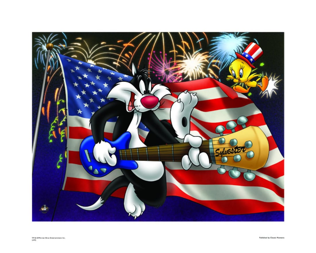 Warner Bros, Looney Tunes, Tweety Bird & Sylvester The Cat, 'Patriotic Rocking Out', 16' X 20': Title: Patriotic Rocking Out Subject: Looney Tunes Publisher: Classic Moments Type: Animation Giclee Paper: MT600 Year Produced: Circa 2000-2010 Size: 16" x 20" Condition: Excellent Licensed by Warner