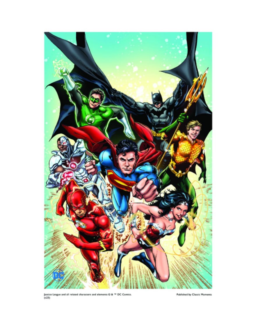 Warner Bros, Dc Comics, The Justice League, 'Earth's Mightiest Heroes': Title: Justice League, Earth's Mightiest Heroes Subject: DC Comics Publisher: Classic Moments Type: Animation Giclee Paper: MT600 Year Produced: Circa 2000-2010 Size: 16" x 20" Condition: Excellent Li
