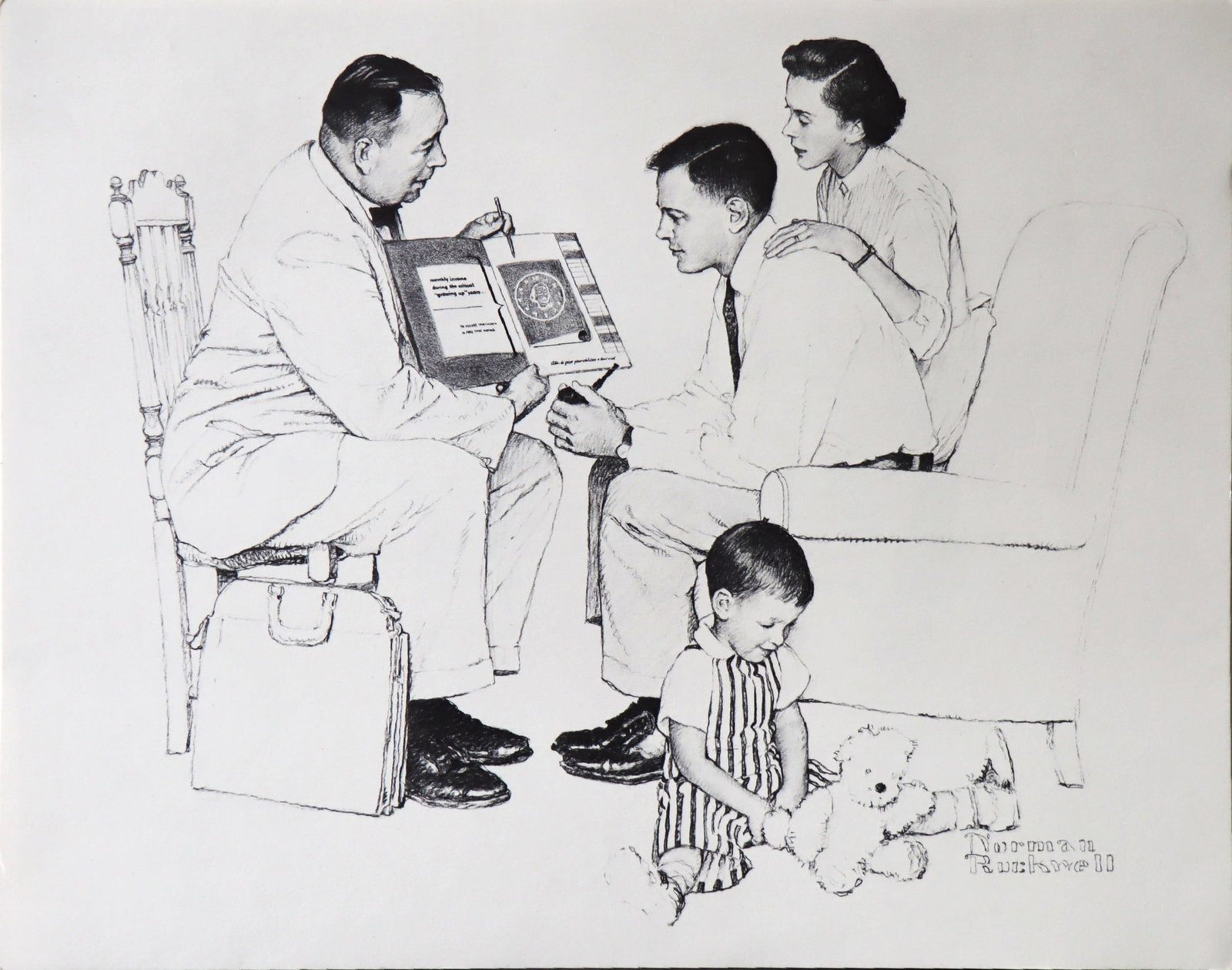 Norman Rockwell, Sales Presentation, Lithograph, 1980: Artist: Norman Rockwell Portfolio: "American Family Life", based on Drawings from the 1950s for Massachusetts Mutual Company Media: offset lithograph on heavy cardstock paper Licensed print, Signed in