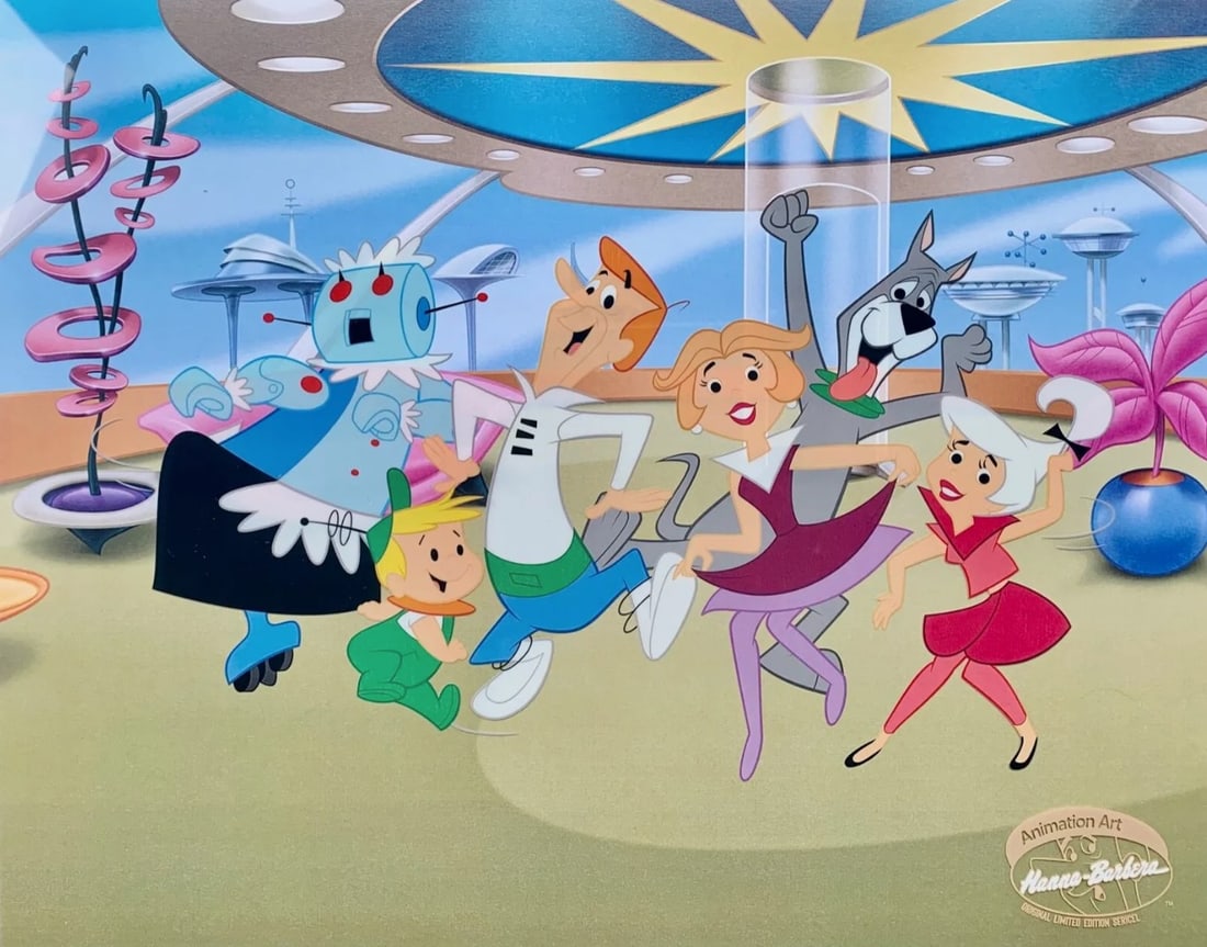 Hanna-Barbera, 'The Jetsons Family', Limited Edition Animation Cel: This is a fantastic limited edition animation sericel of The Jetsons titled "Family Dancing". This artistic recreation animation features The Jetsons as they appeared in the original animated cartoon.
