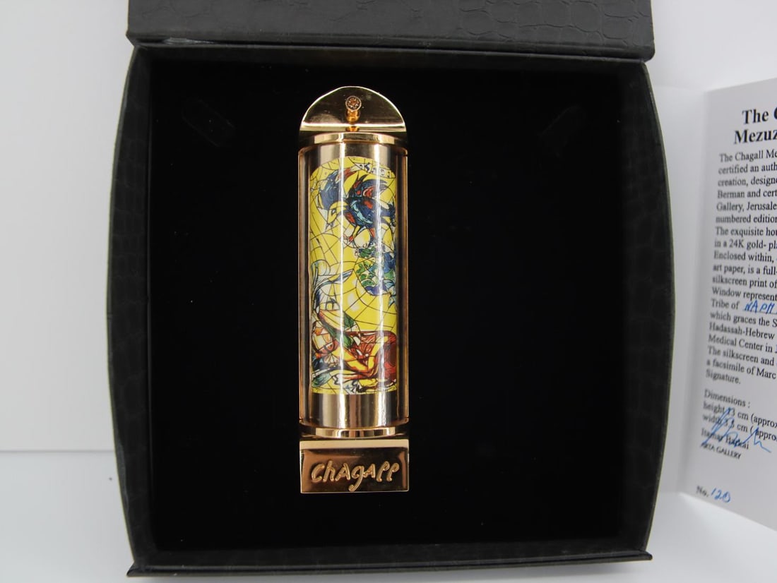 Marc Chagall, 'Naphtali', 24K Gold Plated Limited Edition Mezuzah w/ Silkscreen: Artist: Marc Chagall Medium: Mezuzah - Exquisite glass housing is set in a 24K gold plated bronze with full color silkscreen TITLE: "NAPHTALI" (THE TWELVE TRIBES SERIES) Size: 5" x 1.5" Weight: 7 oz. 