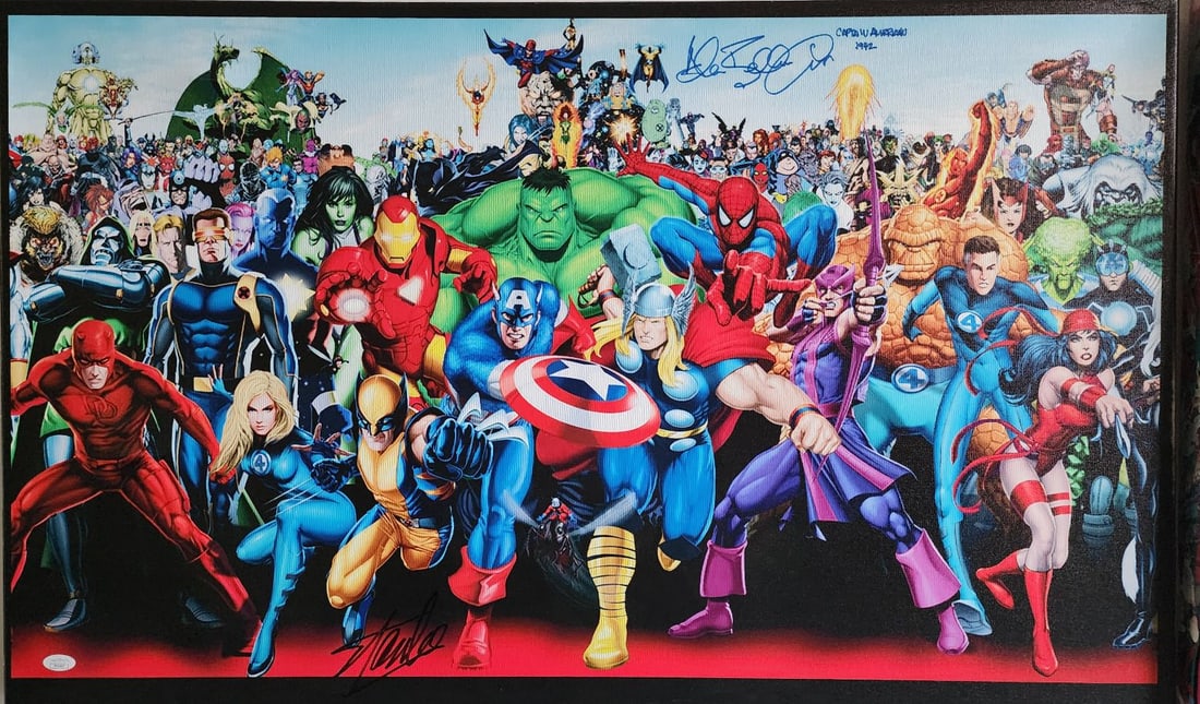 Marvel, Heros & Villians, Giclee on canvas 1994, hand signed Stan Lee & Allen Bellman (Captain: Marvel, Heros & Villians Giclee on canvas 1994 Hand signed by: Stan Lee & Allen Bellman (Captain America) Size: 22 x 36 inchesa Condition: In very good condition Comes with a letter of authenticity fr