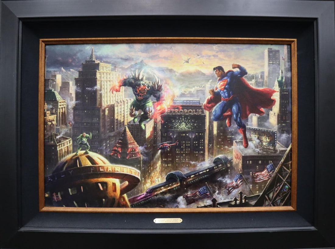 Thomas Kinkade Studios, 'Superman Original Drawings on Verso Man Of Steel', Limited Edition: Thomas Kinkade Zac & Pat Kinkade have hand-enhanced this limited edition canvas Canvas size: 18x27 inches. Framed: 27x35 inches Hand Highlighted Limited Edition on Stretched Canvas, with very rare ori