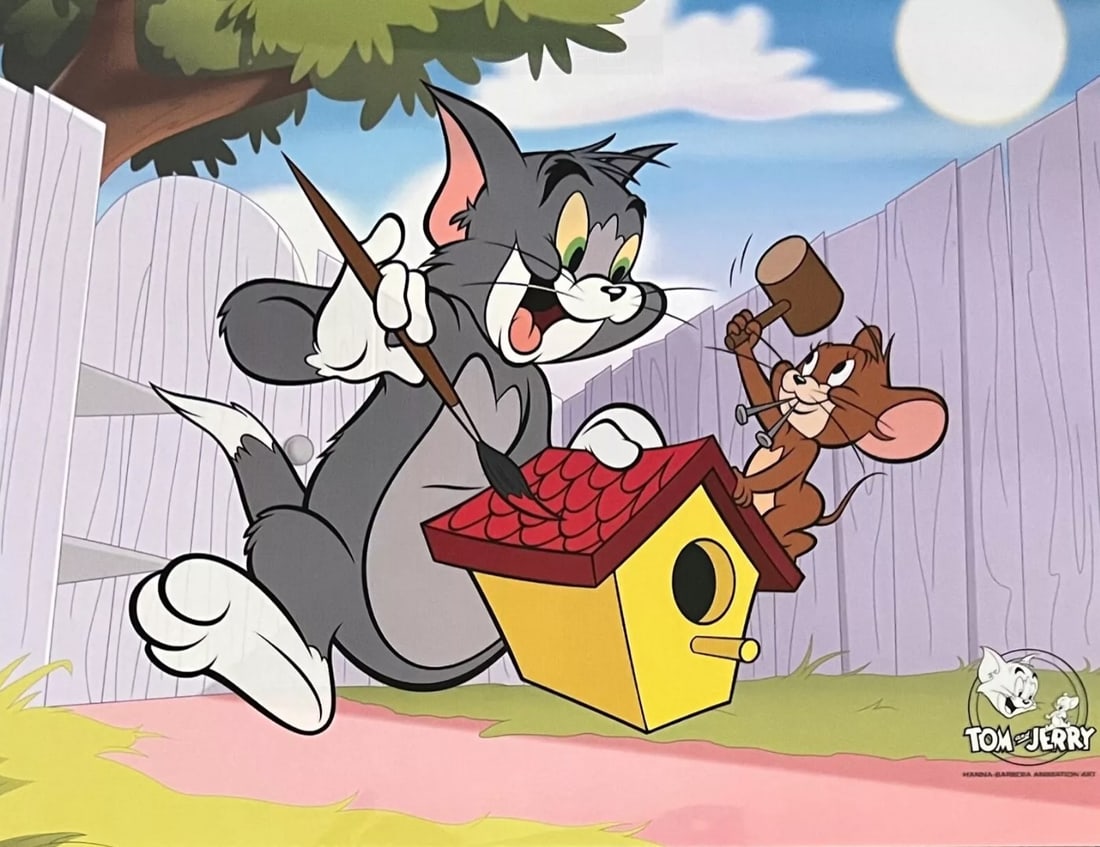 Hanna-Barbera, 'Tom & Jerry Build a Bird House', Limited Edition Animation Cel: Limited edition sericel of Tom and Jerry titled "Birdhouse". This fantastic artistic recreation animation features Tom and Jerry as they appeared in the original animated cartoon. Measures 11" x 14". 