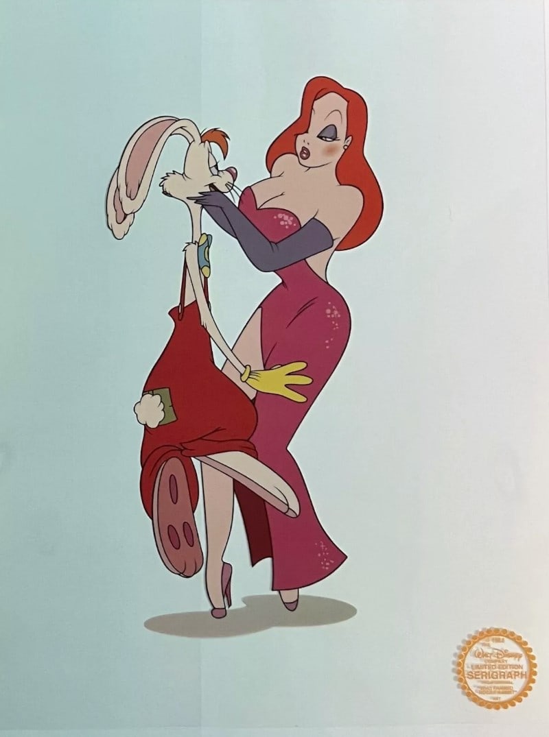 Disney, Who Framed Roger Rabbit? - Roger & Jessica Rabbit, Limited Edition Animation Cel: Disney Limited Edition Serigraph Cel of Jessica & Roger Rabbit. Disney?s own artists have selected this scene from the original animation drawings used to produce this classic 1988 film "Who framed Ro