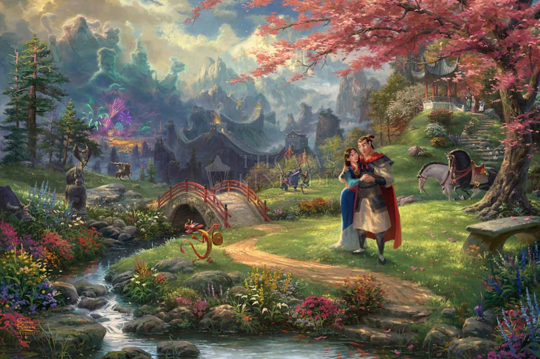 Thomas Kinkade, 'Mulan - Blossoms Of Love', Signed Limited Edition Lithograph: Thomas Kinkade 'Mulan - Blossoms of Love' Offset Lithograph, on premium heavyweight (100 lbs.) archival papers with superior fade-resistant inks Image Size: 18x12 inches Framed: Approx. 24x18 inches E