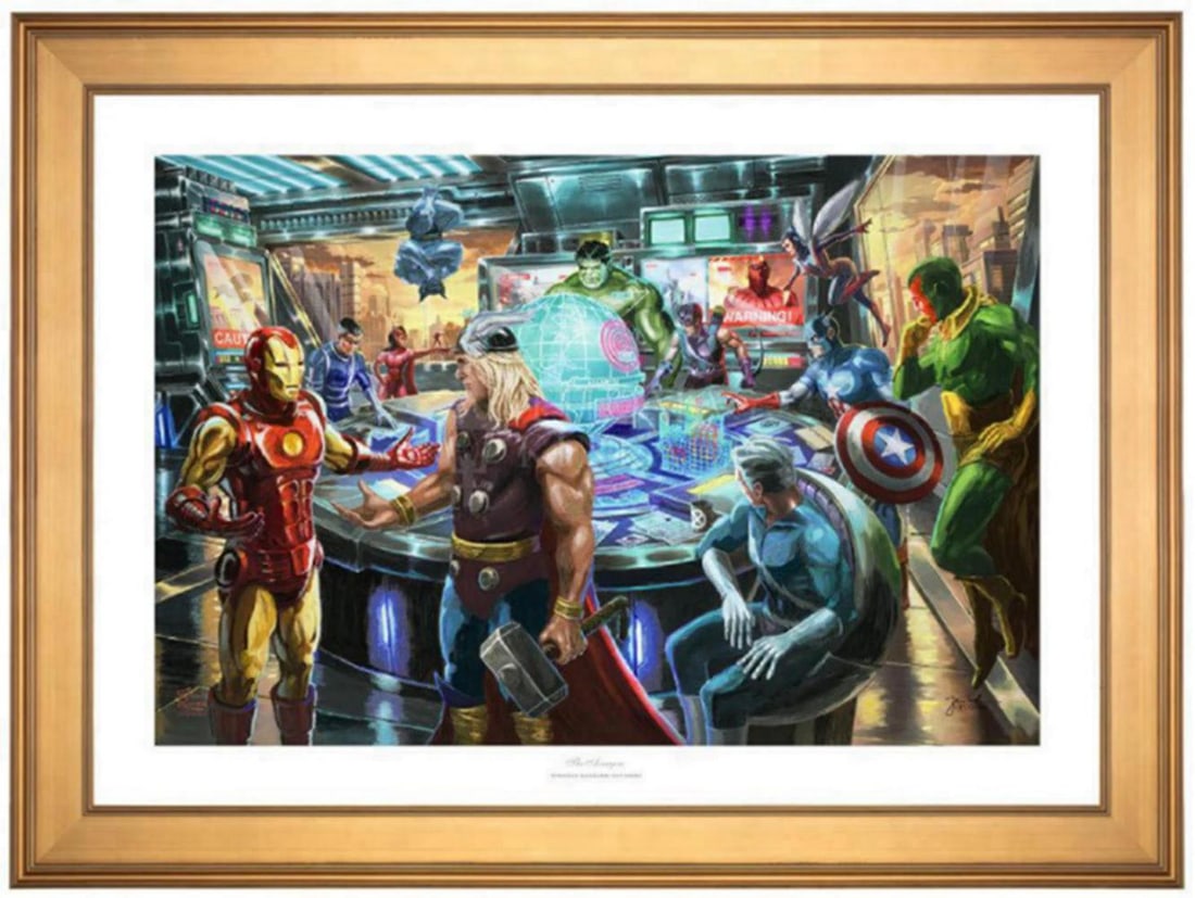 Thomas Kinkade 'Avengers' Signed Limited Edition Lithograph, 2020: Thomas Kinkade 'Avengers' Year of Production: 2020 Offset Lithograph, on premium heavyweight (100 lbs.) archival papers with superior fade-resistant inks Image Size: 18x12 inches Framed: Approx. 24x18
