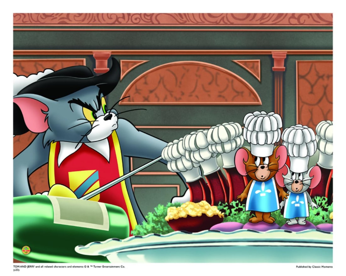 Warner Bros, Hanna-Barbera, Tom & Jerry, 'Two Mouseketeers Hiding': Title: Two Mouseketeers Hiding Subject: Tom and Jerry Publisher: Classic Moments Type: Animation Giclee Paper: MT600 Year Produced: Circa 2000-2010 Size: 16" x 20" Condition: Excellent Licensed by War