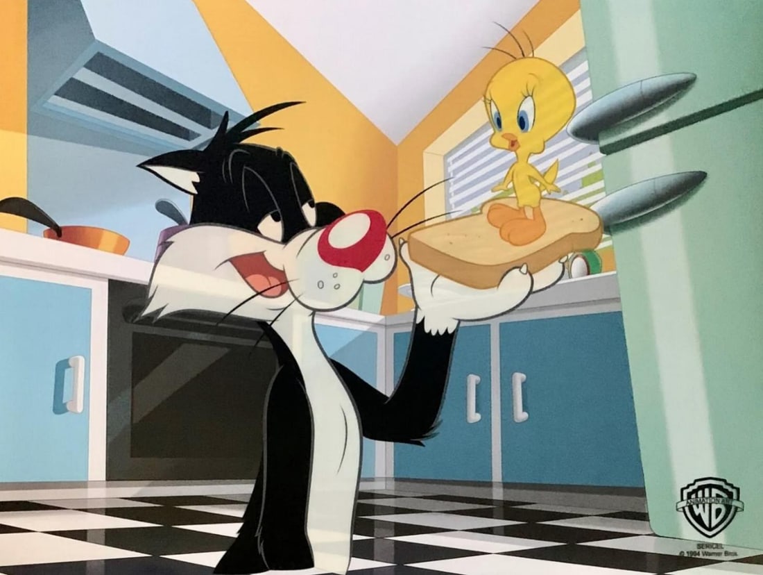 Warner Bros, Sylvester Cat & Tweety Bird - Sandwich, Limited Edition Animation Cel: Limited edition sericel of Warner Bros Looney Tunes. This fantastic artistic recreation features Sylvester and Tweety in the classic animation "Sandwich Game". This Cel measures 11" x 14", comes unfra