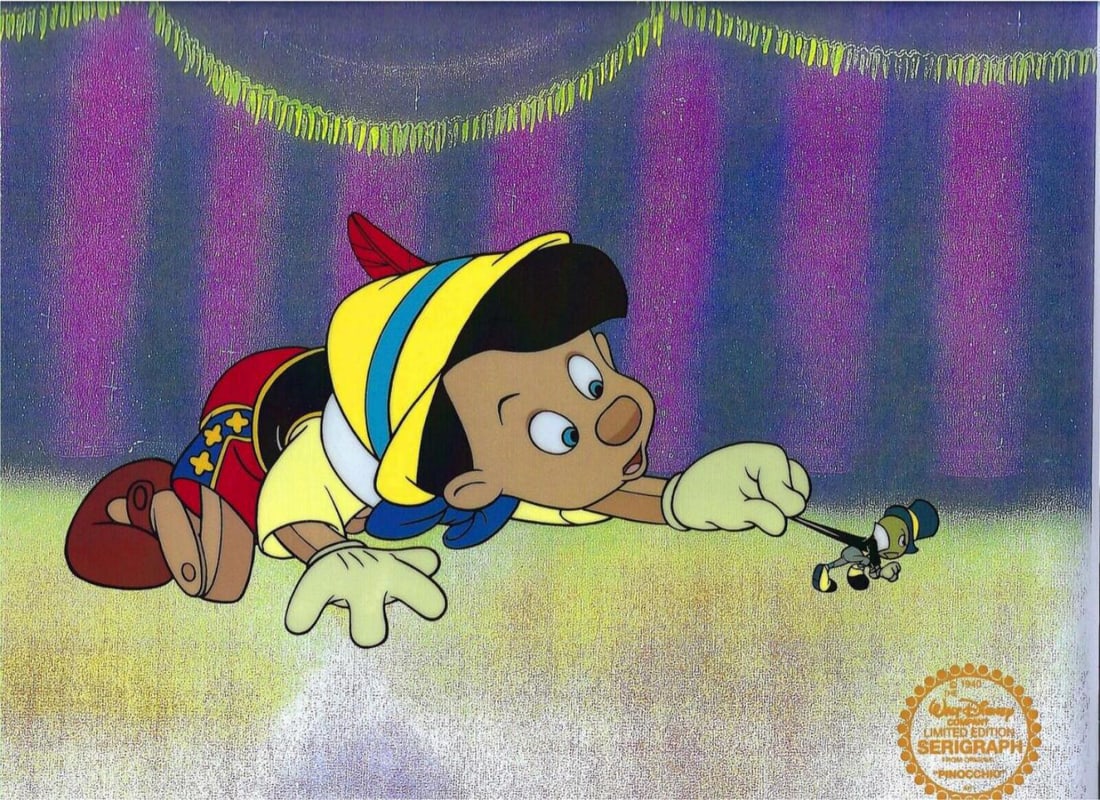 Disney, 'Pinocchio Jiminy Cricket', Limited Edition Animation Sericel: This is a GENUINE Limited Edition Serigraph Cel of Pinocchio & Jiminy Cricket. From 1942 Walt Disney Studios -PINOCCHIO Disney?€?s own artists have selected this scene from the ORIGINAL animation
