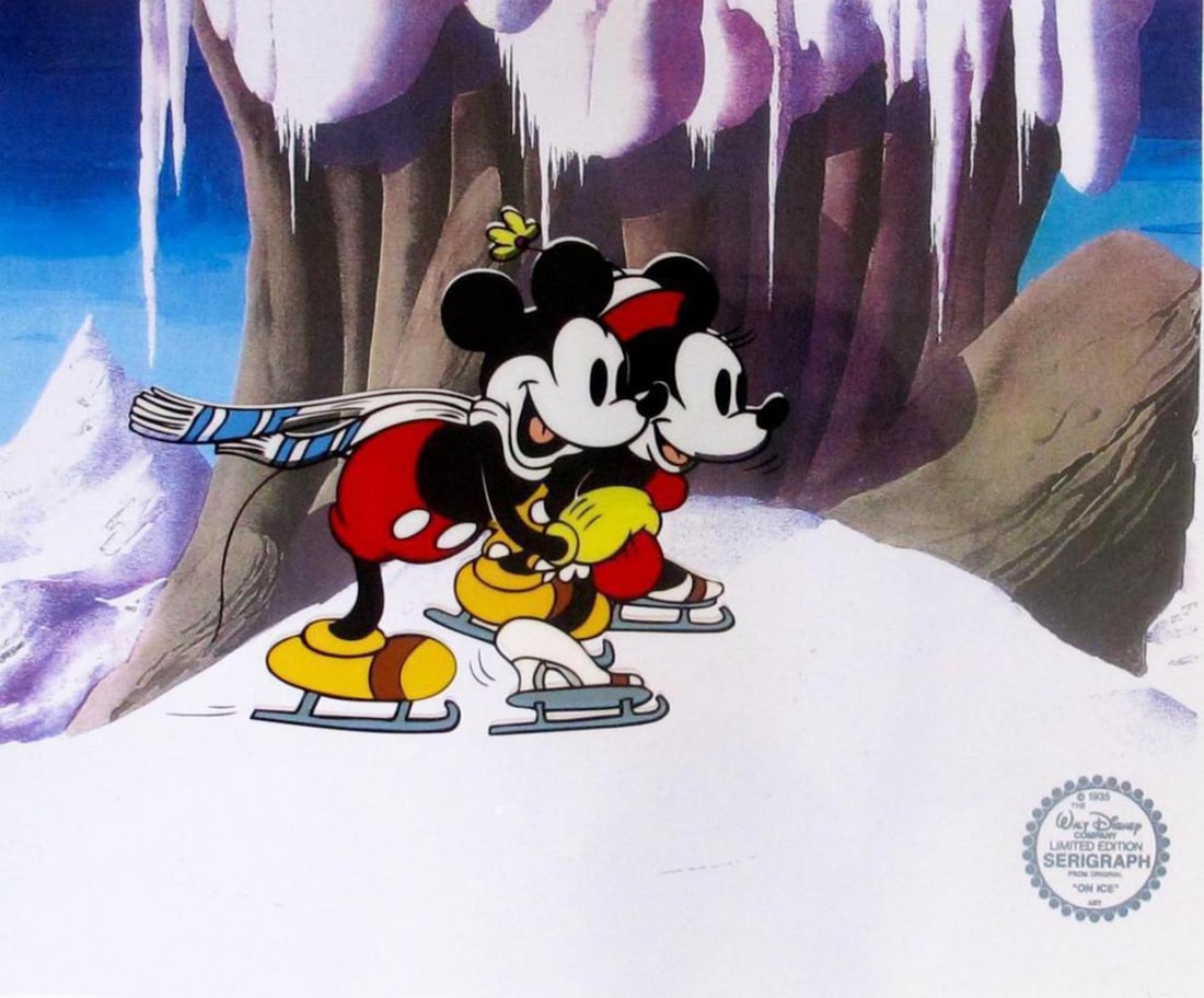 Disney, Mickey & Minnie Mouse Ice Skating Ltd Edition Sericel: This is a Disney Limited Edition Serigraph Cel of MICKEY & MINNIE MOUSE as Ice Skaters. Disney?€?s own artists have selected this scene from the ORIGINAL animation drawings used to produce the cl