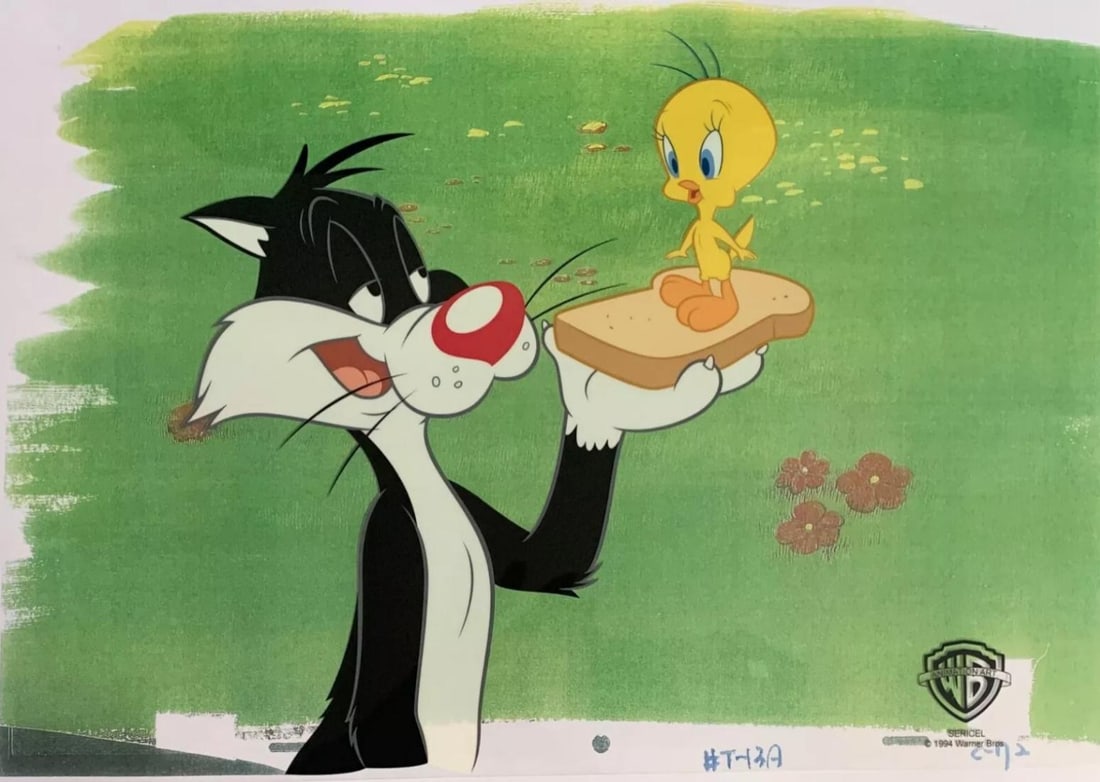 Warner Bros, Sylvester Cat & Tweety Bird - Sandwich (Green Background), Limited Edition Animation: Limited edition artistic recreation sericel of Warner Bros Looney Tunes. This fantastic animation features Sylvester and Tweety in the classic animation "Sandwich Game". This Cel measures 11" x 14", c