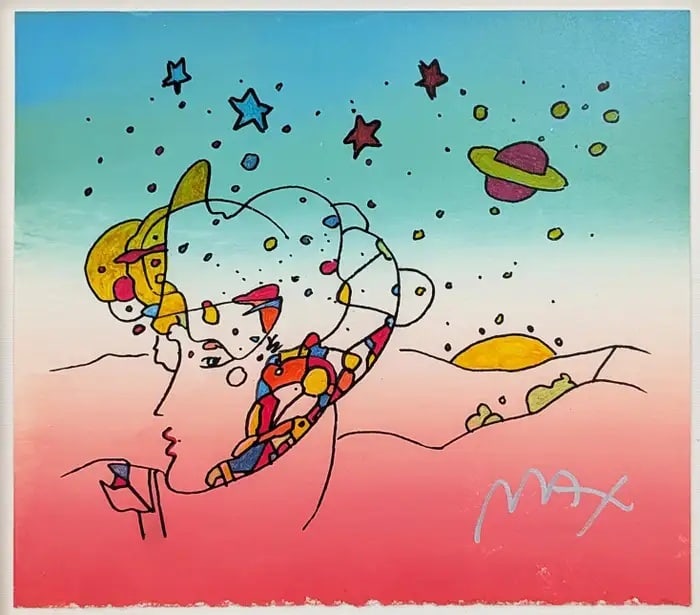 Peter Max,' Cosmic Profile', Orignal Mixed Media Water Color Painting, C.1990: Artist: Peter Max Title: Cosmic Profile Medium: Mixed Media On Paper Edition: Original Size: 12 x 13.5 inches Hand signed by the artist Frame size 19.5 x 21 inches Condition: Excellent Certificate of 