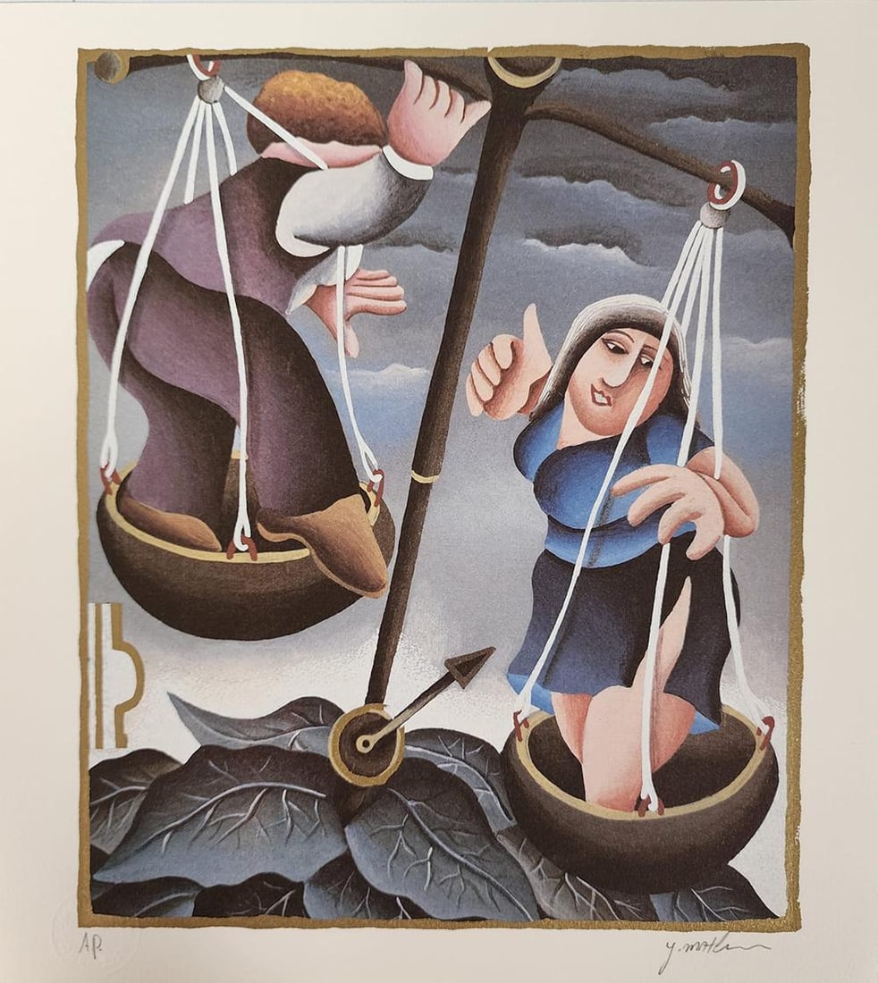 Yuval Mahler 'Libra' From The Zodiac Suite, Signed Limited Edition Lithograph: YUVAL MAHLER b. 1951 (Israeli) Title: The Zodiac ? Libra Technique: Original Hand Signed and Numbered Lithograph in colours on vellum paper Paper Size: 35 x 31 cm / 13.8 x 12.2 in Image size: 31 x 27 