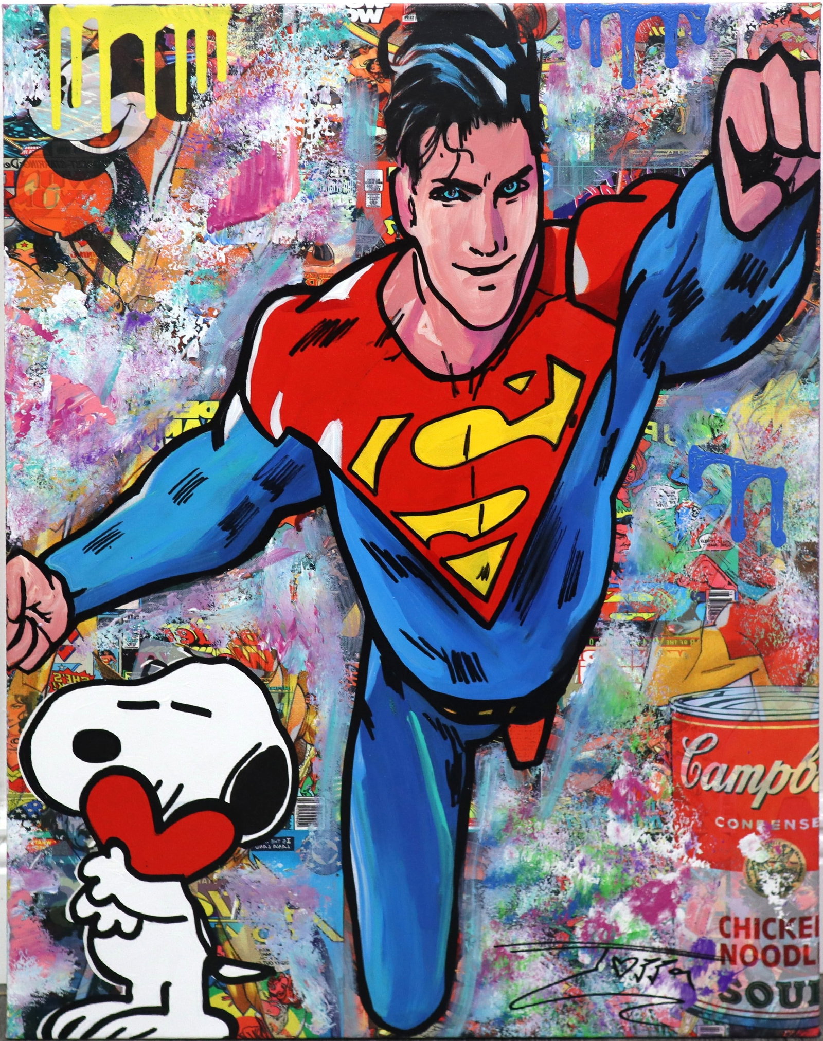 Jozza, 'Super Punch',Original Pop Art Canvas Painting, 2024, 30"x24": Artist: Jozza Pop Art Title: "Super Punch" Influences: Super Man - Disney's Mickey Mouse/ Snoopy / Warhol Surface: Canvas Medium: Acrylic Paint Dimensions: 24"x30" Technique: Pop Art Year: 2024 Hand S