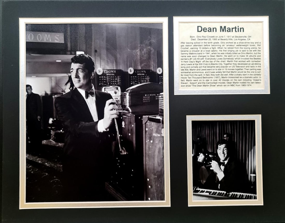 Dean Martin, Matted Photo Collage: Description Subject:Dean Martin Matted Photo Collage Type: Photo Reproduction Prints Matt Size: 14" x 11" Country of Origin: USA Condition: Excellent