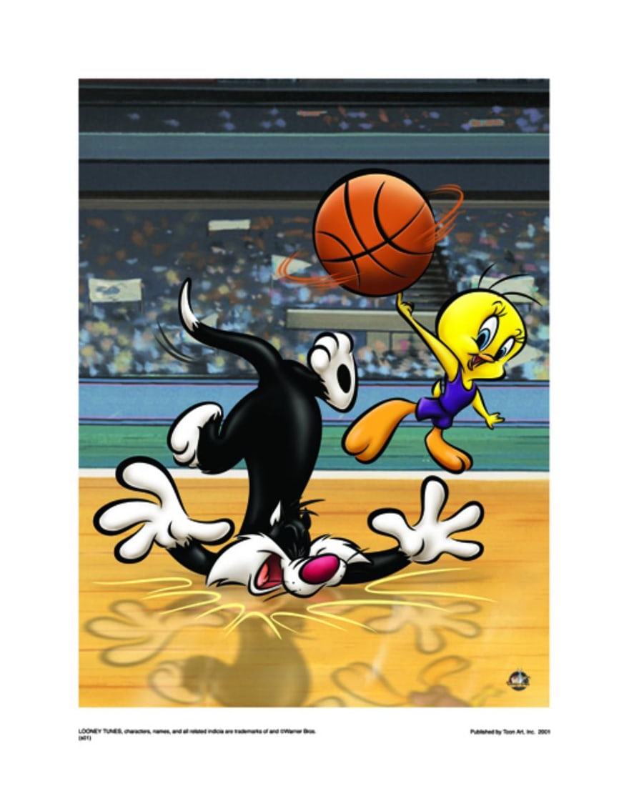 Warner Bros, Looney Tunes, Tweety Bird & Sylvester The Cat, "Basketball Game": Title: Basketball Game Subject: Looney Tunes Publisher: Classic Moments Type: Animation Giclee Paper: MT600 Year Produced: Circa 2000-2010 Size: 16" x 20" Condition: Excellent Licensed by Warner Bros.