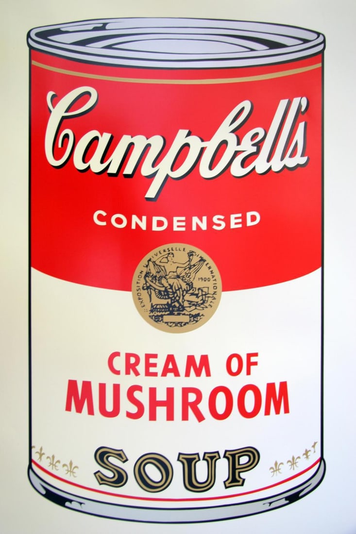 Andy Warhol, Cream Of Mushroom Soup Silkscreen: Item Details Description Andy Warhol - Cream of Mushroom Soup Medium: Silkscreen on Museum Board Sunday B. Morning color screenprints are printed on museum boards with the highest quality archival ink