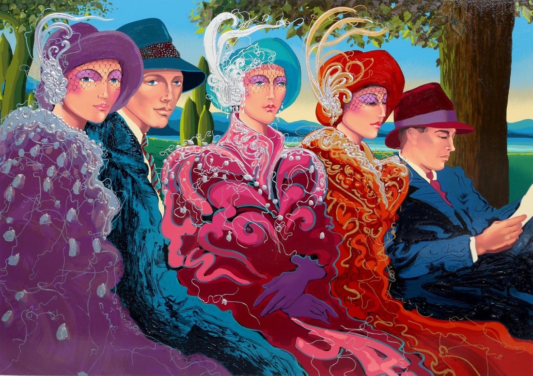 Otto Aguiar, 'Sunday In The Park', Signed Limited Edition, Embossed Silkscreen: Artist: Otto Aguiar Title: Sunday In The Park Medium: Embossed Silk Screen Year: Late 20th Century Size: 45" x 35" Edition: Out of 250 Hand-Signed & Numbered Condition: Excellent Certificate of Authen