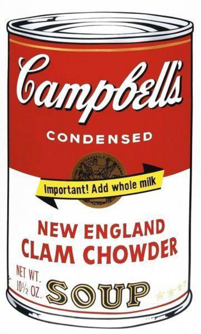 Andy Warhol, New England Clam Chowder, Silkscreen: Item Details Description Andy Warhol - New England Clam Chowder Soup Sunday B Morning Medium: Silkscreen on Museum Board Sunday B. Morning color screenprints are printed on museum boards with the high
